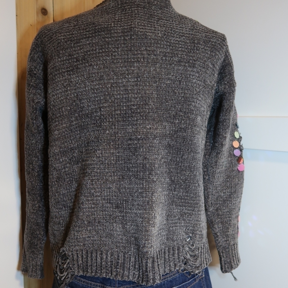 Charcoal Gray Sequin Distressed Sweater Embellished Knit S/M M/L - Picture 7 of 7